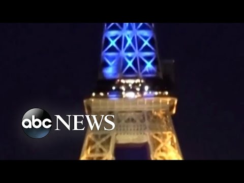 Eiffel Tower lights up blue and yellow in solidarity with Ukraine