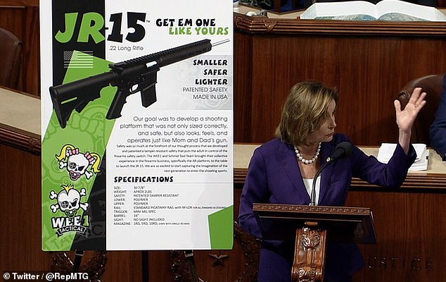 House Speaker Nancy Pelosi flashed a sign on the floor advertising AR-15s for children as she urged members to vote for the ban.