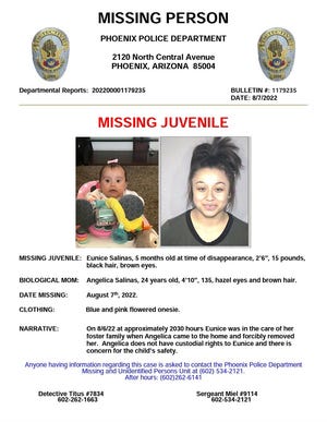 Phoenix police are searching for 5-month-old Eunice Salinas, who they say was taken from her foster family by her birth mother Angelica Salinas, 24, on Saturday.