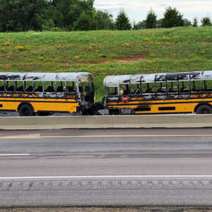 2 school buses catch fire after crash on turner turnpike in ok.1684422570287