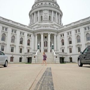 A tire skid mark drives past the Capitol in Madison on Tuesday, May 9, 2023.