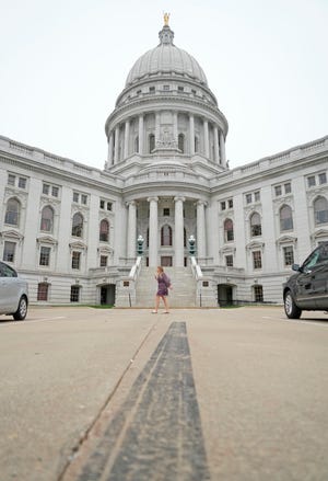 A tire skid mark drives past the Capitol in Madison on Tuesday, May 9, 2023.
