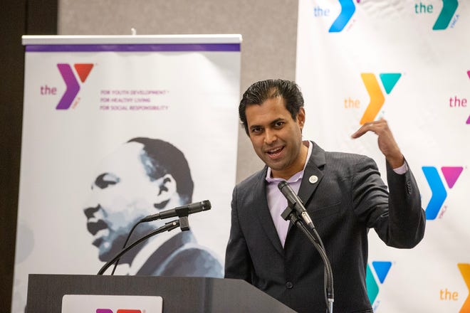 Senator Vin Gopal receives the YMCA's Social Responsibility Award during the 34th Annual Dr.  Martin Luther King, Jr. hosted by the YMCA of Greater Monmouth County at the Sheraton Eatontown Hotel in Eatontown, NJ on Friday, January 13, 2023.