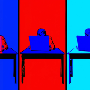 DALL·E 2023 05 22 13.00.44 pop art of person reading on a computer with a spectrum of red and blue above