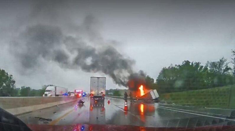 Semi Catches Fire On Will Rogers Turnpike After Multi-Vehicle Crash