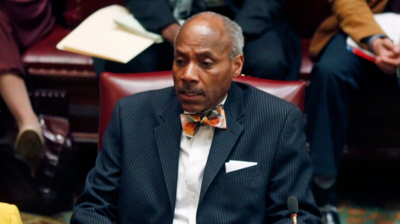 Bill Perkins works in the Senate Chamber at the Capitol on Wednesday, March 18, 2015 in Albany.