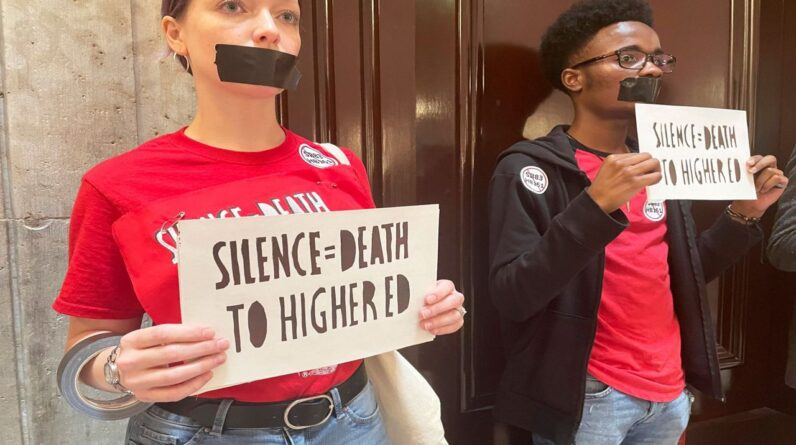 Opponents of a multifaceted higher education bill protest across the Ohio Statehouse in Columbus, Ohio, Wednesday, May 17, 2023. (AP Photo/Samantha Hendrickson)