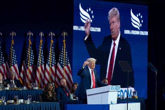 Former President Donald Trump addresses the Faith and Freedom Coalition in Washington, DC on June 24, 2023.