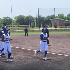 Layla Lamar far left rounding third homered in the Lady Dukes first game at Top Gun 1024x641