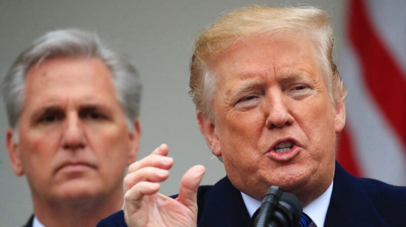 Then-President Donald Trump speaks in the Rose Garden of the White House in Washington, joined by then-House Minority Leader Kevin McCarthy of Calif. Now House Speaker, McCarthy called Trump's indictment "unconscionable." (AP Photo/Manuel Balce Ceneta)