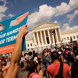 Abortion rights protesters take part in a rally outside the Supreme Court building the day after the court's decision in Dobbs v. Jackson Women's Health Organization on June 25, 2022.