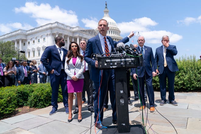 Rep. Scott Perry, R-Pa., gestures on Capitol Hill during a news conference with members of the conservative House Freedom Caucus on the debt ceiling deal, Tuesday, May 30, 2023, on Capitol Hill in Washington.  (AP Photo/Jacquelyn Martin) XMIT ORG: DCJM107
