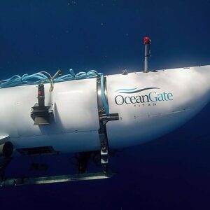 This photo provided by OceanGate Expeditions shows a submersible vessel named Titan used to visit the wreckage site of the Titanic. (OceanGate Expeditions via AP)