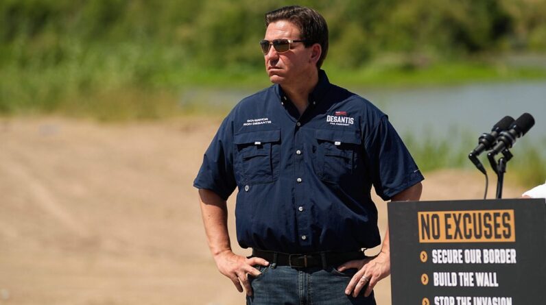 Republican presidential candidate Florida Gov. Ron DeSantis waits to speak at a news conference along the Rio Grande near Eagle Pass, Texas, Monday, June 26, 2023. (AP Photo/Eric Gay)